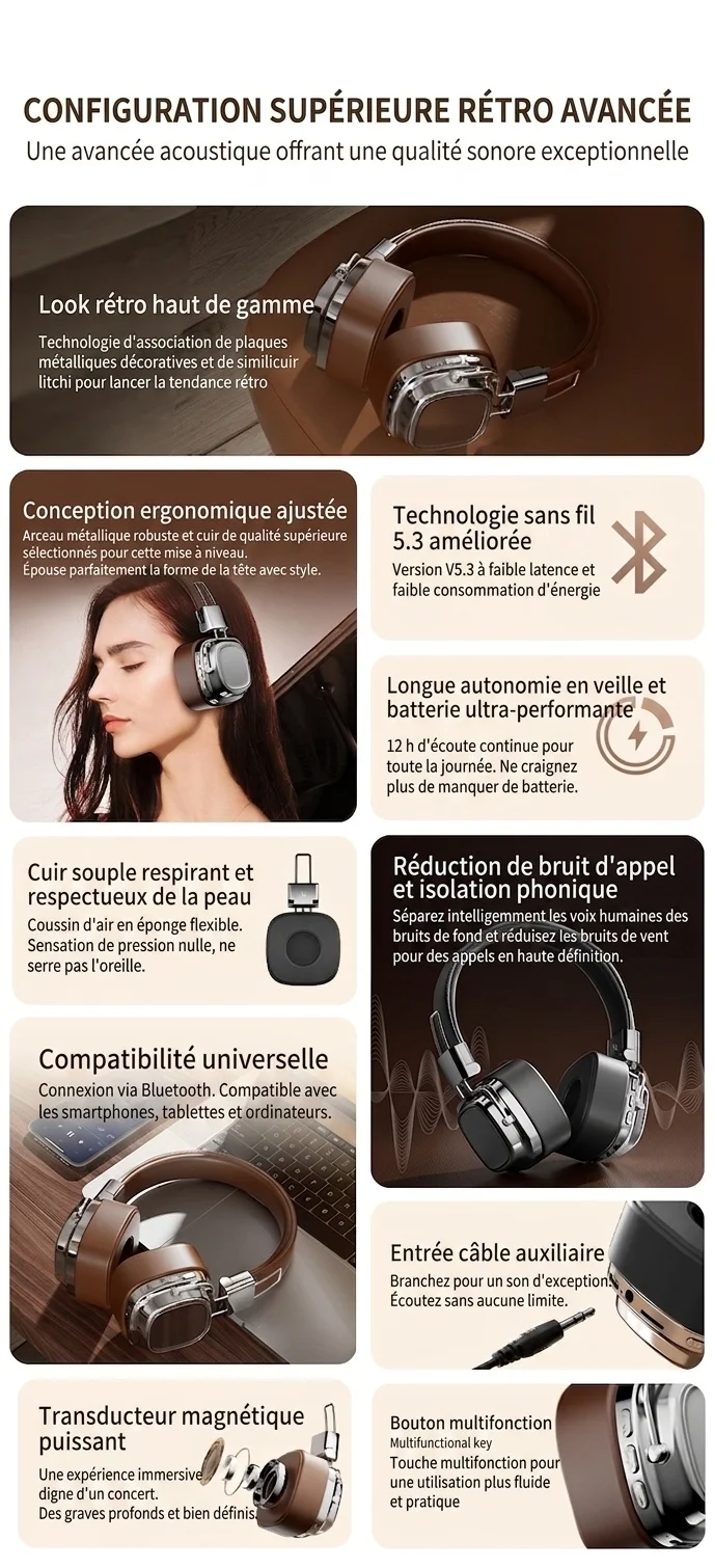 Casque sans fil rétro avec haut-parleurs de 40 mm et Bluetooth 5.3