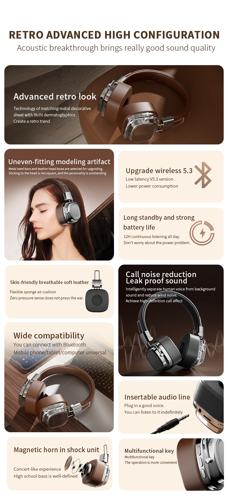 Retro Wireless Headphones with 40mm Drivers & BT 5.3