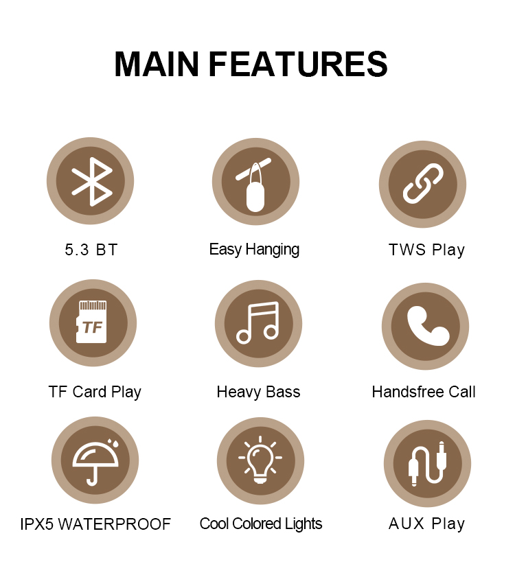 Portable Bluetooth Speaker with RGB Light & IPX5 Waterproof