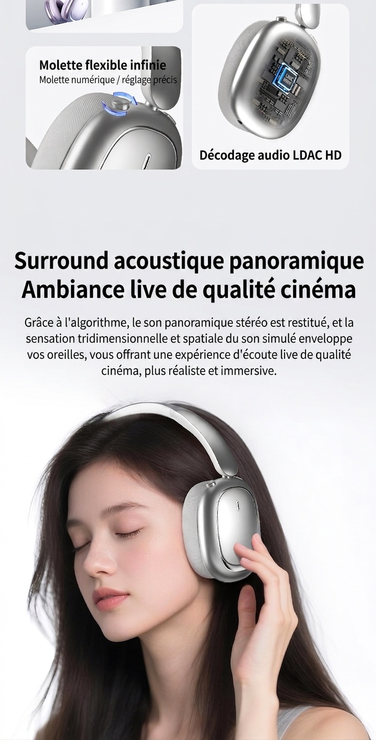 Écouteurs sans fil Bluetooth CR-01, audio HiFi, réduction de bruit active, haut-parleurs de 40 mm