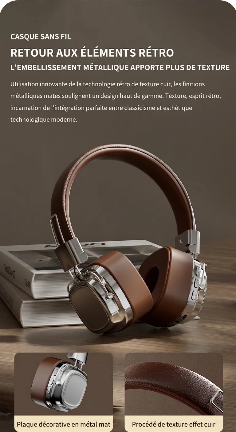 Casque sans fil rétro avec haut-parleurs de 40 mm et Bluetooth 5.3