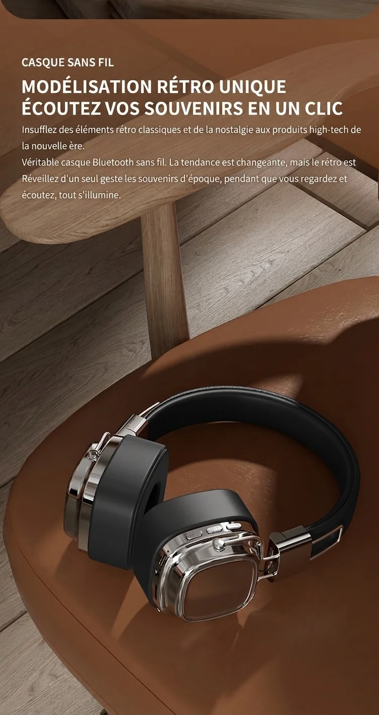 Casque sans fil rétro avec haut-parleurs de 40 mm et Bluetooth 5.3
