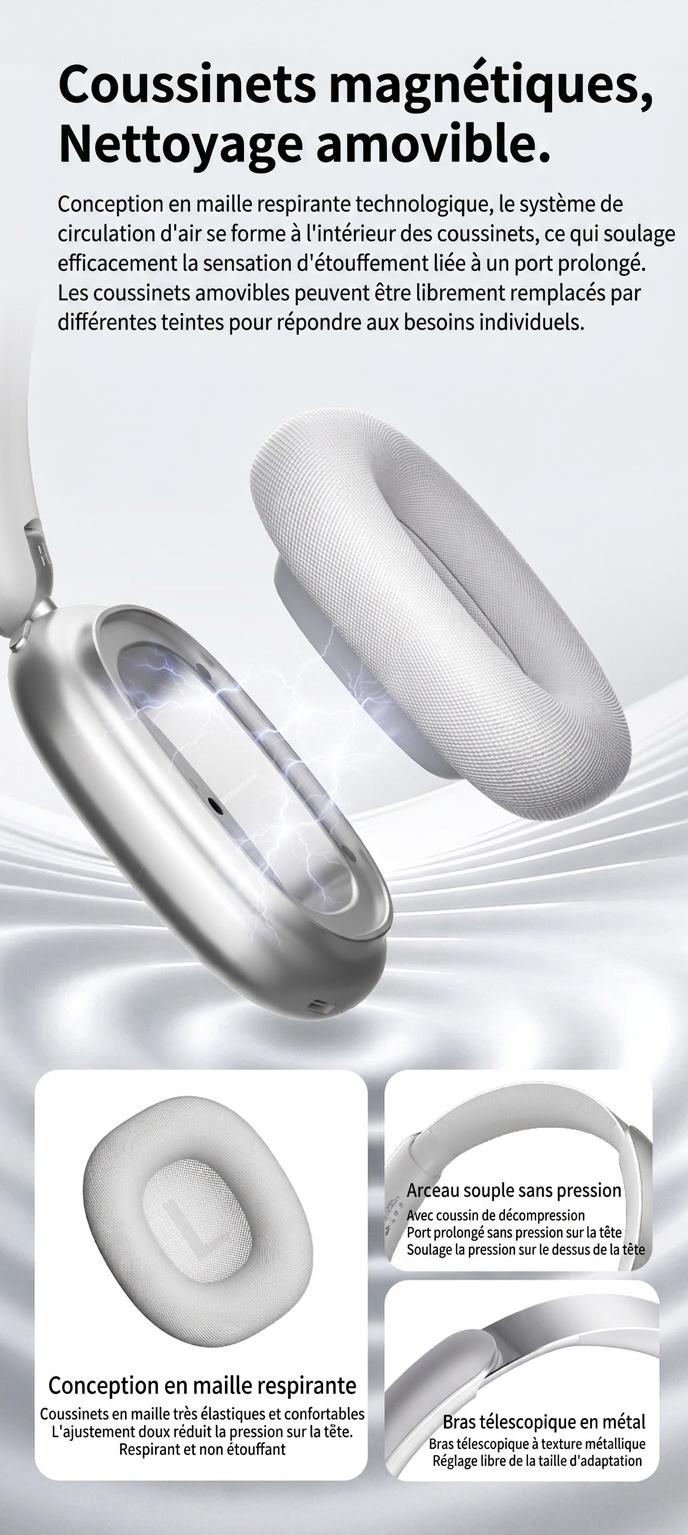 Écouteurs sans fil Bluetooth CR-01, audio HiFi, réduction de bruit active, haut-parleurs de 40 mm