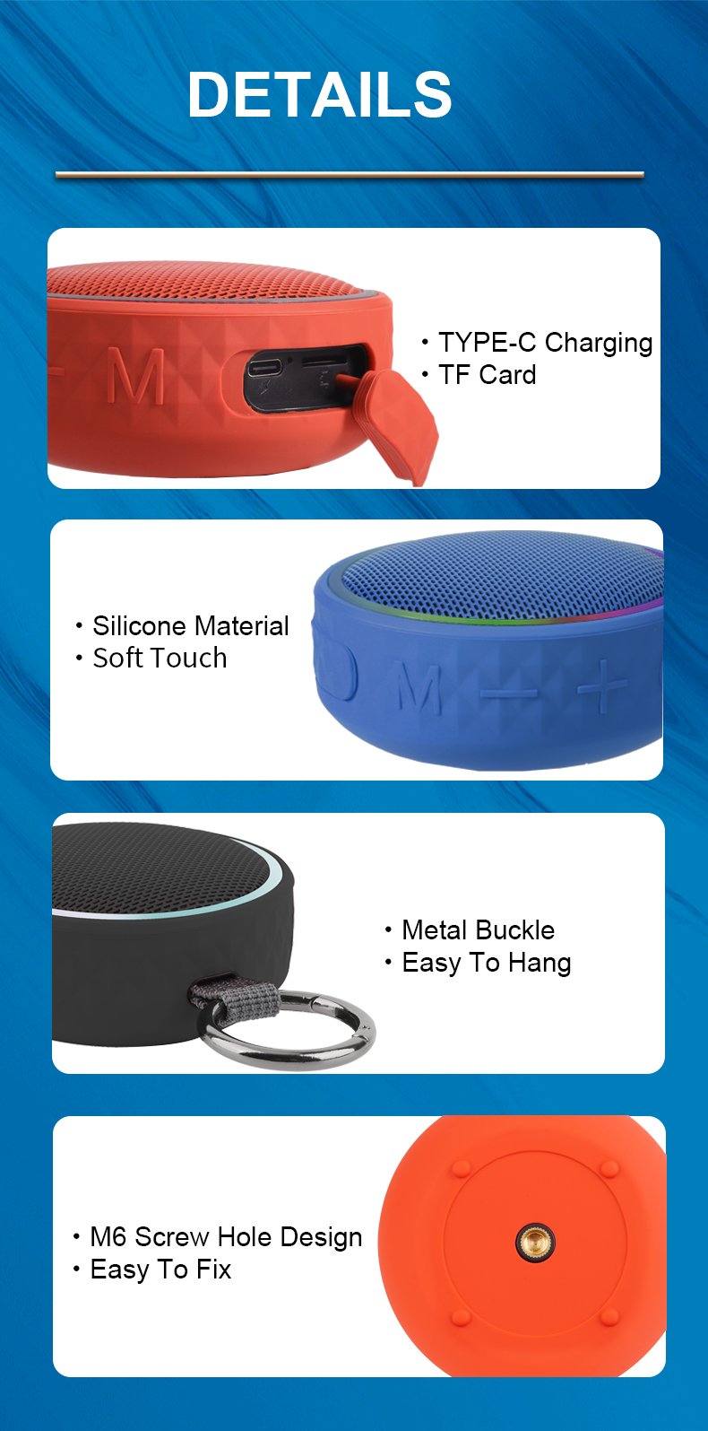 Waterproof Portable Bluetooth Speaker with RGB Lights & Clip