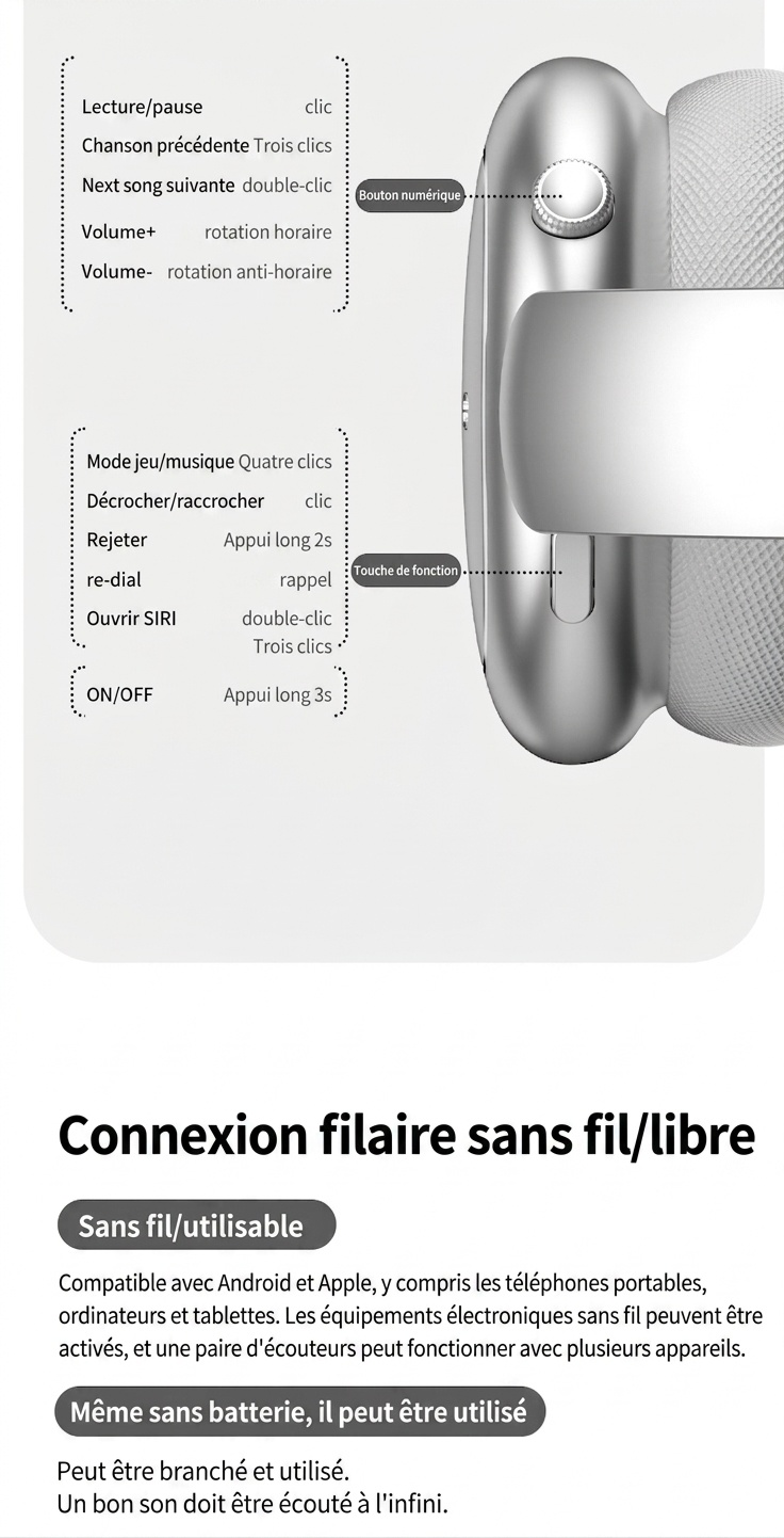 Écouteurs sans fil Bluetooth CR-01, audio HiFi, réduction de bruit active, haut-parleurs de 40 mm