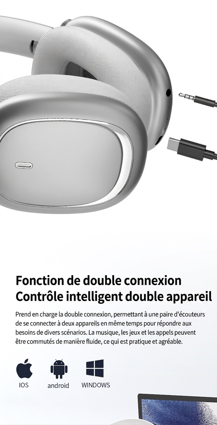 Écouteurs sans fil Bluetooth CR-01, audio HiFi, réduction de bruit active, haut-parleurs de 40 mm