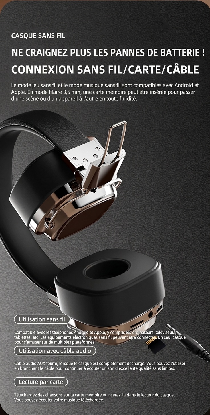 Casque sans fil rétro avec haut-parleurs de 40 mm et Bluetooth 5.3