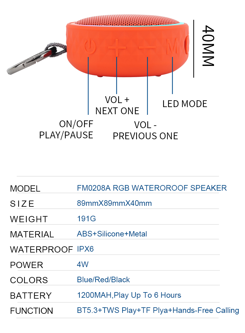 Waterproof Portable Bluetooth Speaker with RGB Lights & Clip