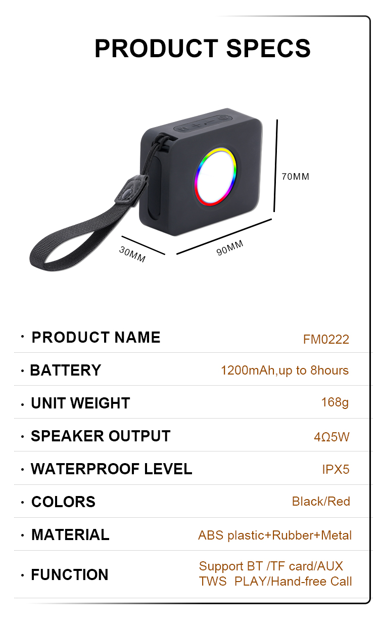 Portable Bluetooth Speaker with RGB Light & IPX5 Waterproof