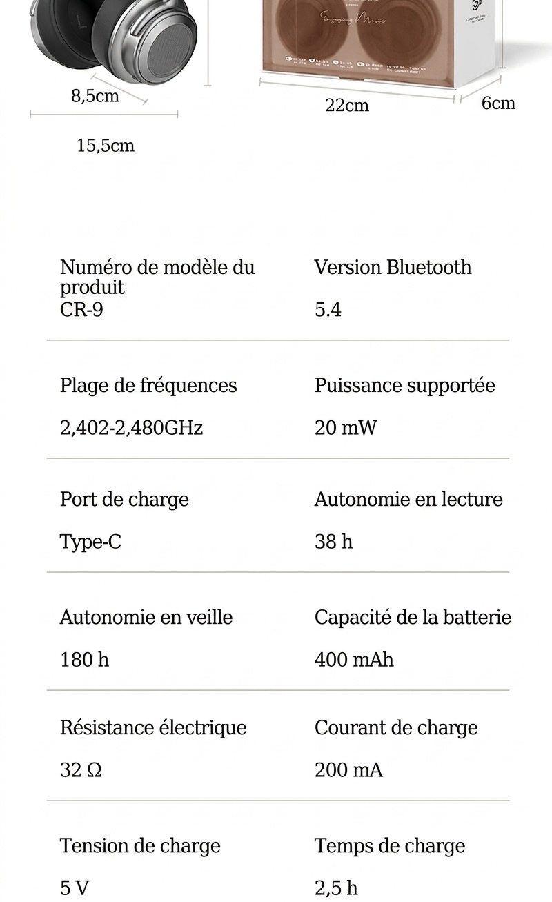 Casque sans fil CR-9 Bluetooth 6.0 avec audio haute résolution