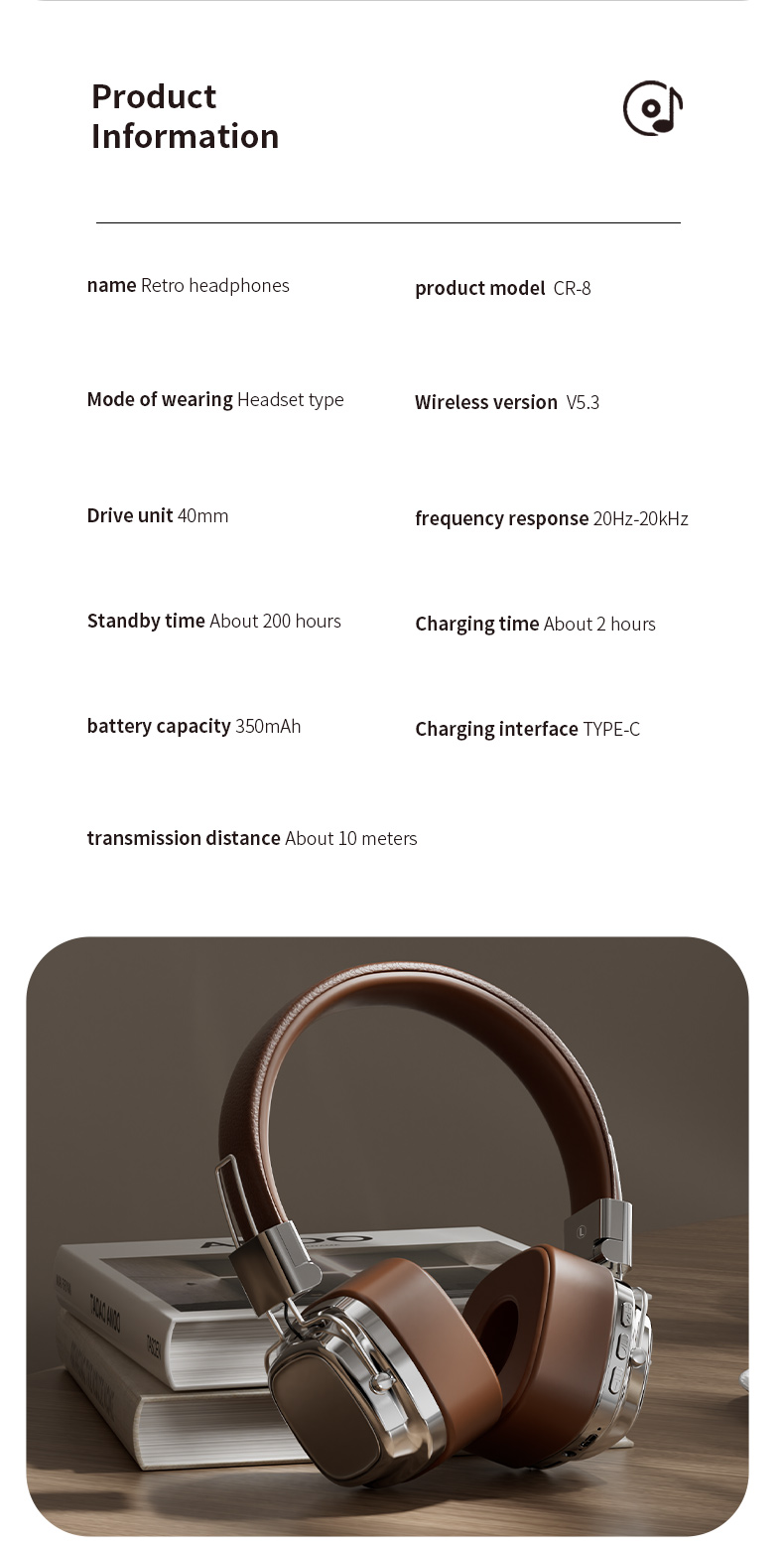 Retro Wireless Headphones with 40mm Drivers & BT 5.3