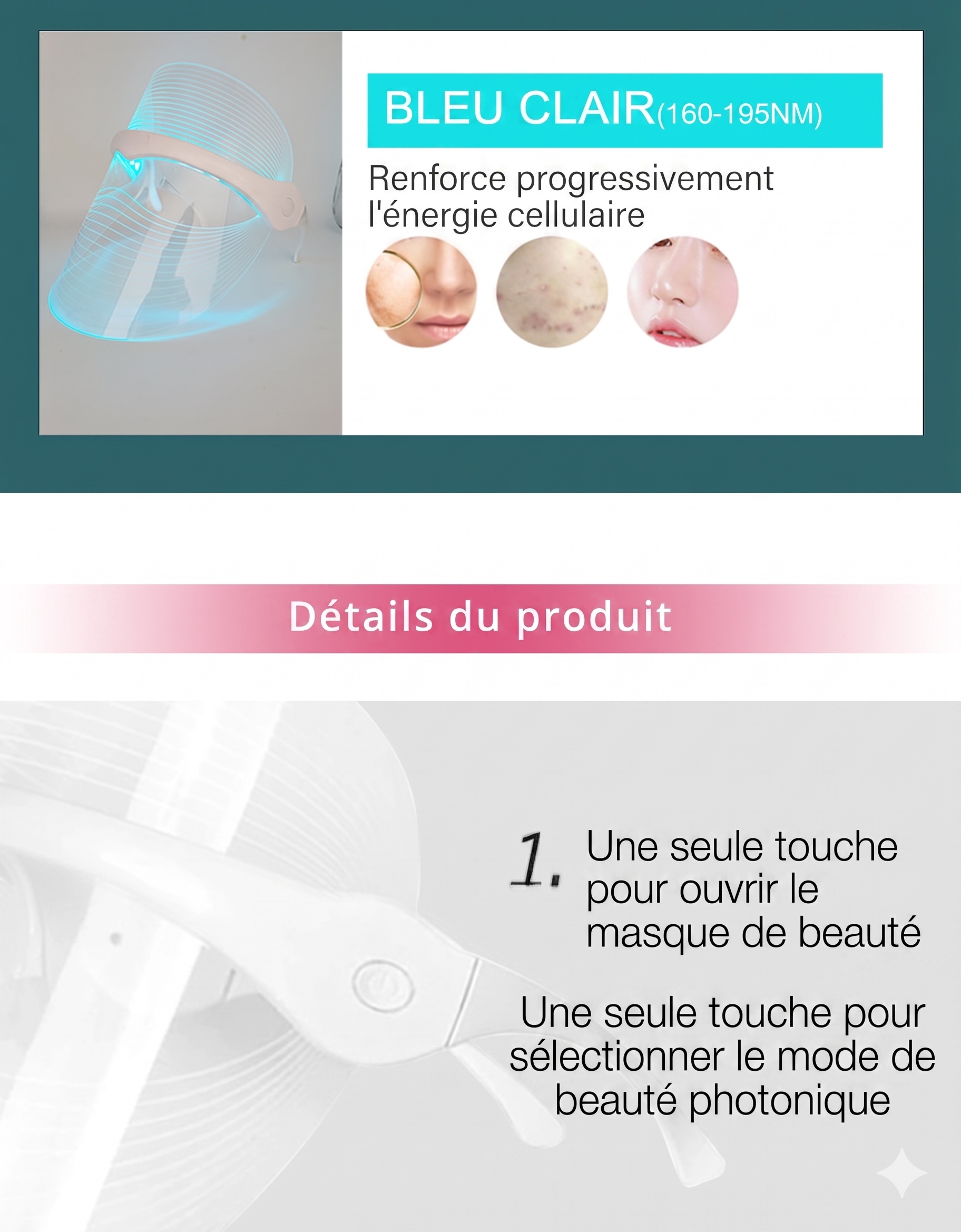 Masque transparent pour le visage par luminothérapie LED - Rajeunissement de la peau en 7 couleurs