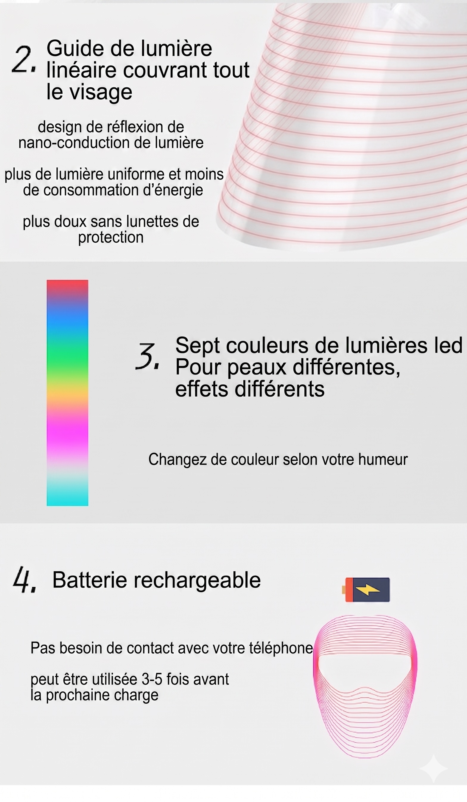 Masque transparent pour le visage par luminothérapie LED - Rajeunissement de la peau en 7 couleurs