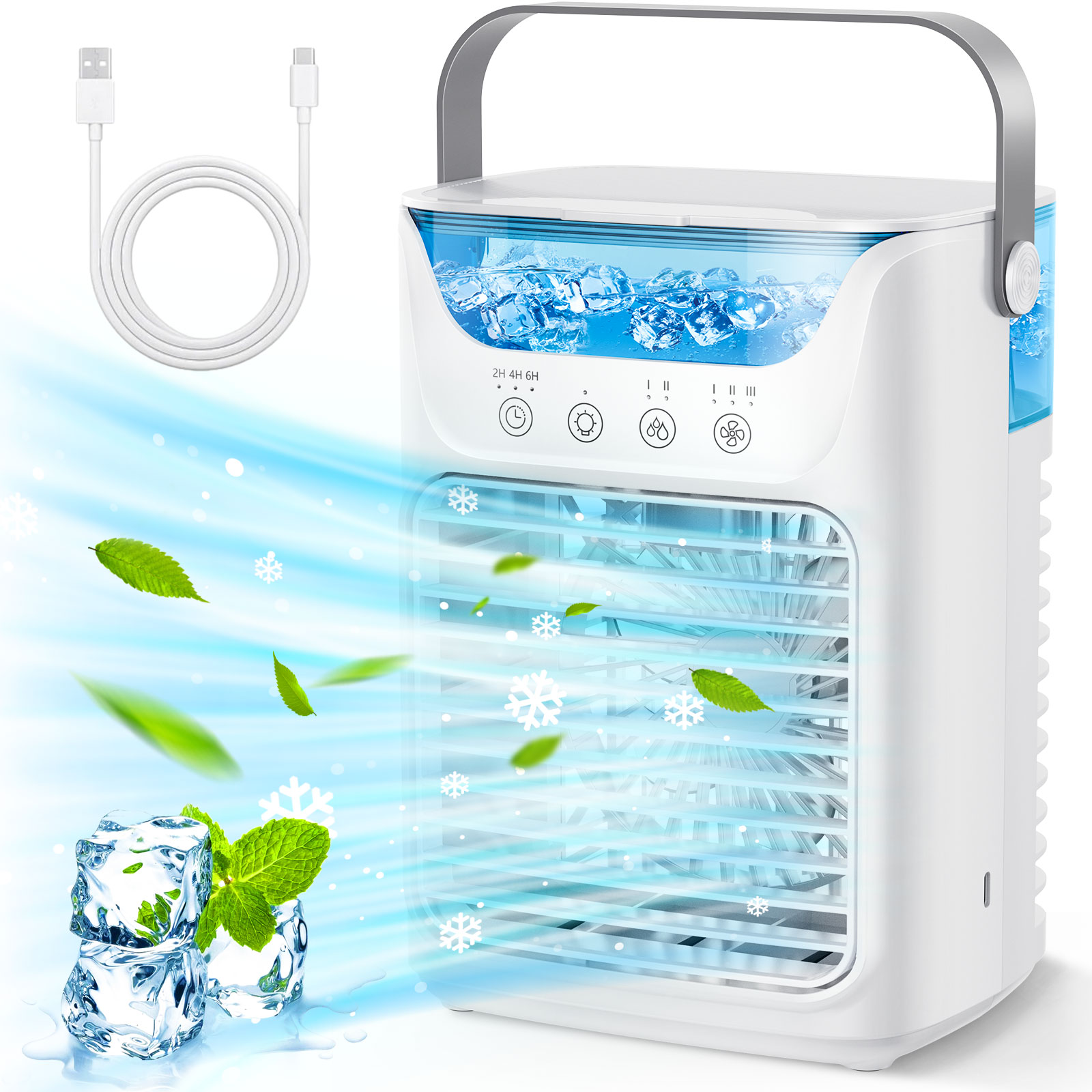 Mini ventilador enfriador de aire portátil - Humidificador de escritorio USB con luz LED