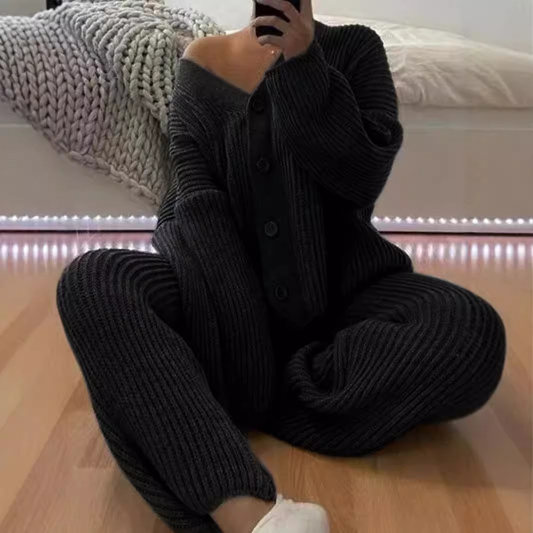 Knit Sweater Cardigan Pants Set Long Sleeve Autumn Spring