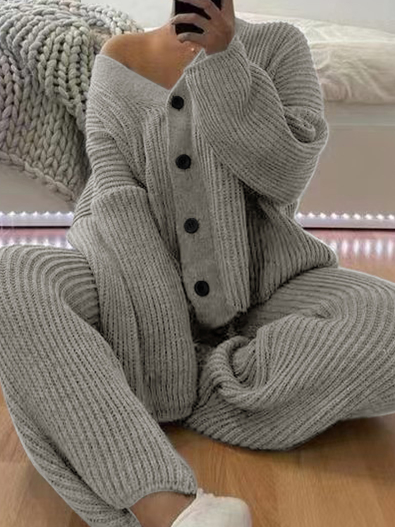 Knit Sweater Cardigan Pants Set Long Sleeve Autumn Spring