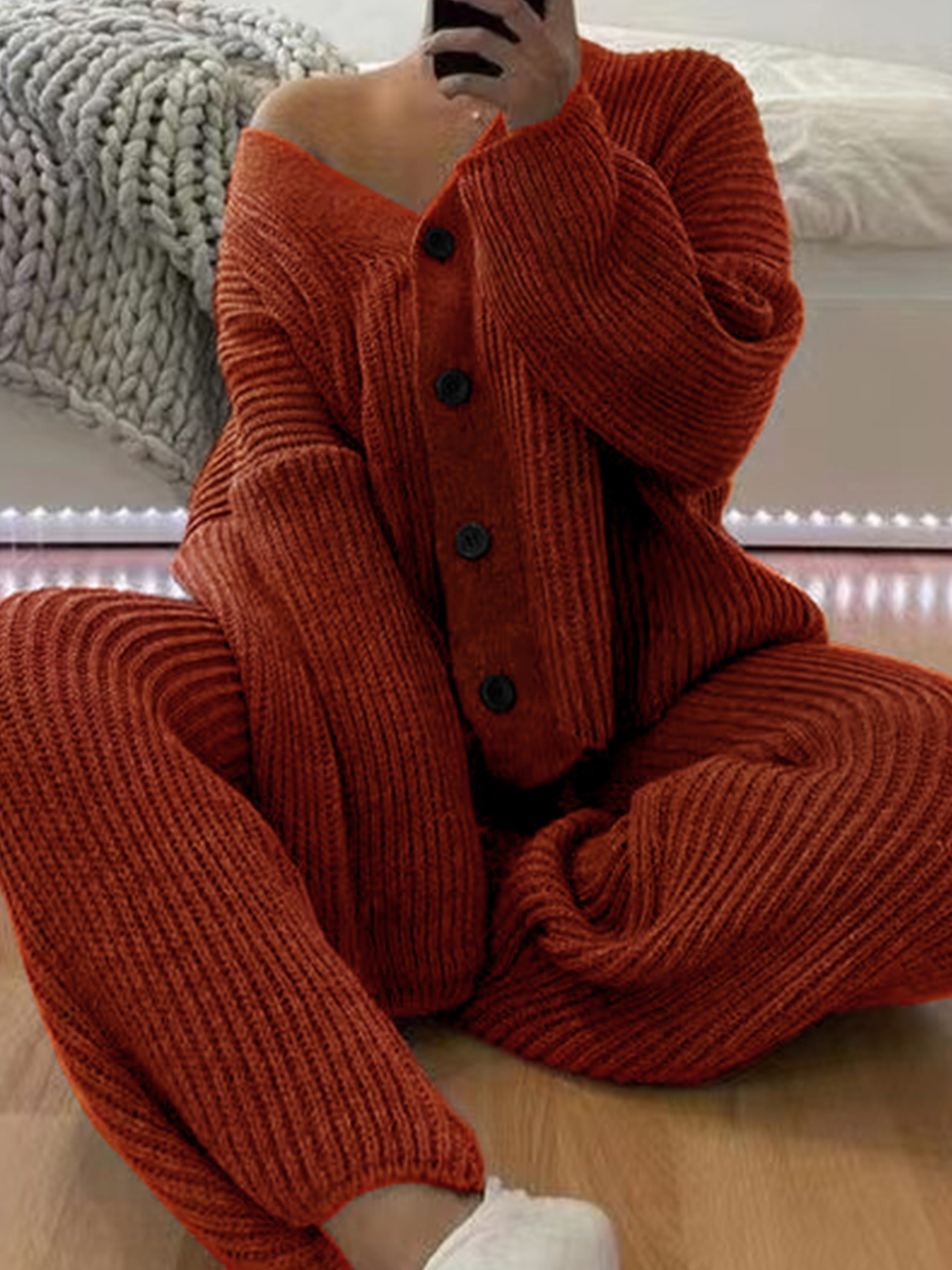 Knit Sweater Cardigan Pants Set Long Sleeve Autumn Spring