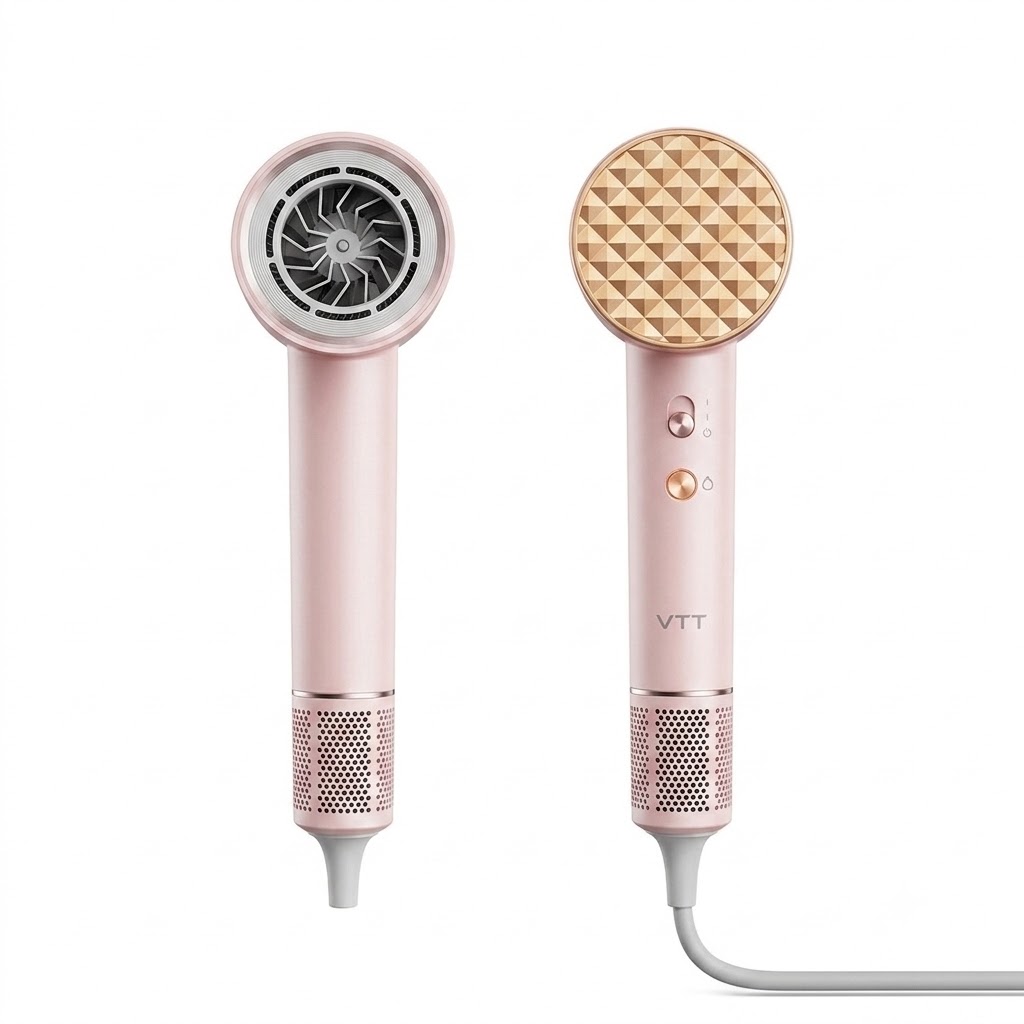 Sèche-cheveux haute vitesse K1, sèche-cheveux professionnel 1600 W avec indicateur de température et embout magnétique (rose)