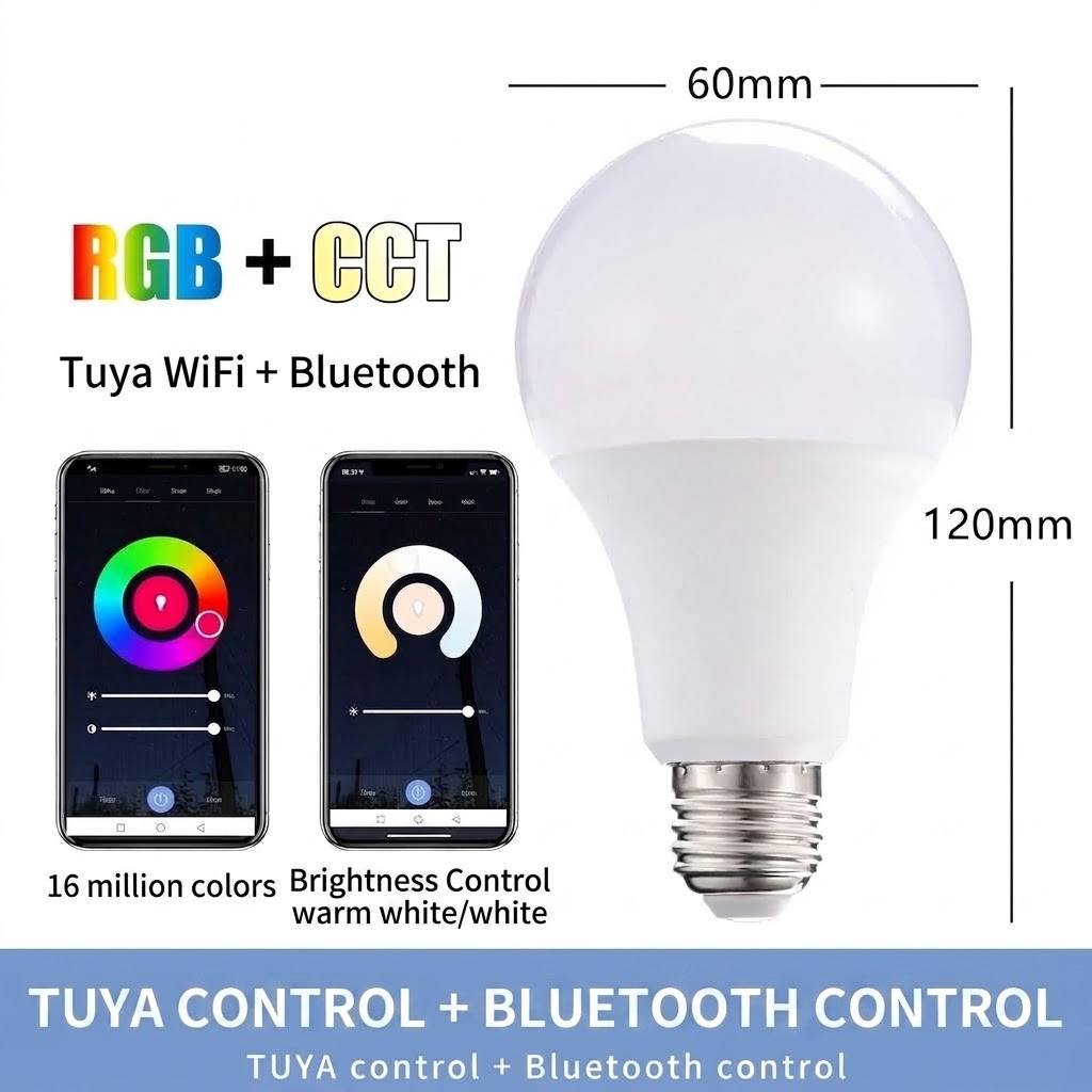 Smart WiFi LED Light Bulb RGB+CCT Dimmable E27/E26 Tuya App