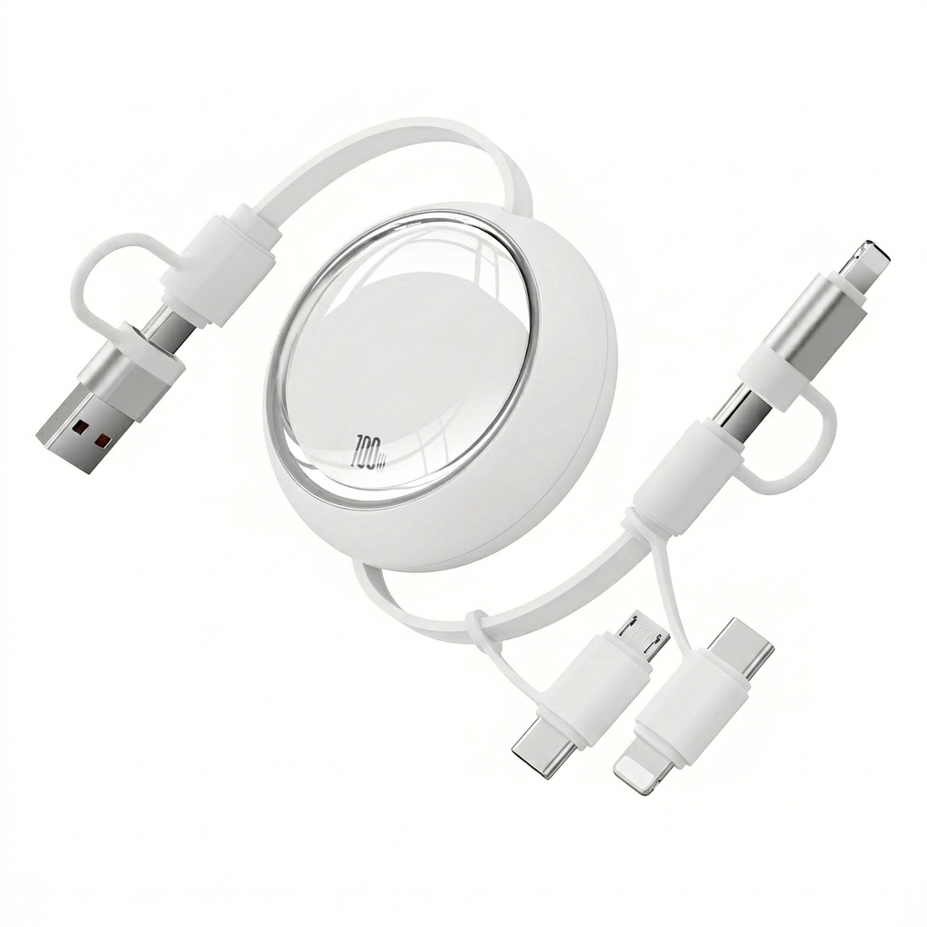 Câble de charge rétractable 4 en 1 de 100 W, câble de charge rapide en TPE pour USB-C, Lightning et micro-USB.