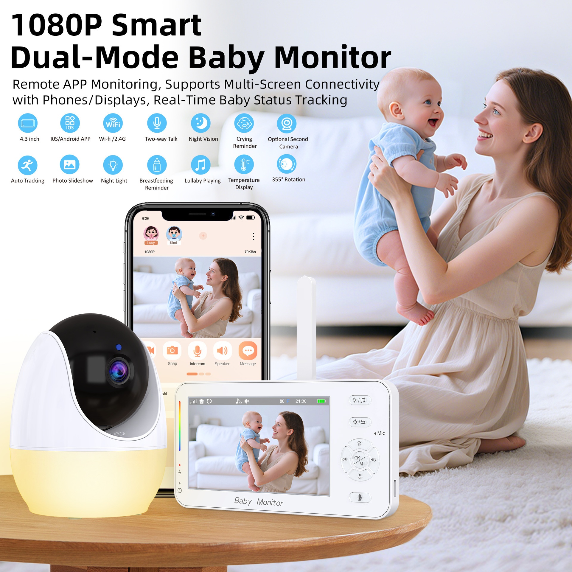 4.3'' WiFi Baby Monitor with APP Control - Motion Tracking #19250004