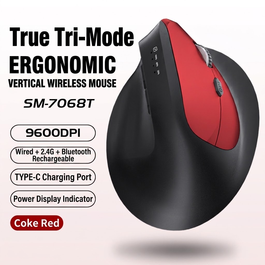 Ratón inalámbrico vertical ergonómico, triple modo 2.4G/BT 5.3/con cable, 9600 DPI, clic silencioso, recargable - Modelo H5