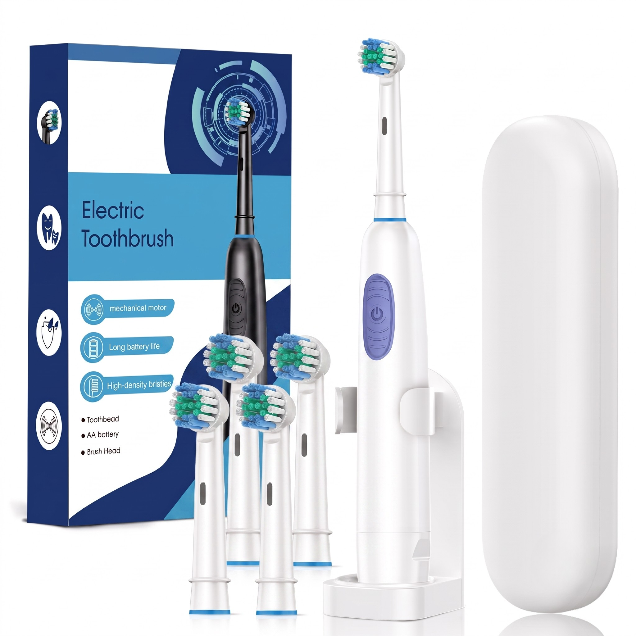 Powerful Electric Toothbrush with Mechanical Motor, High-Density Bristles, Travel Case