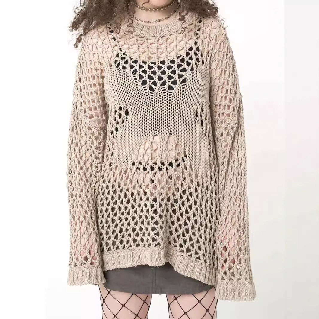 Crochet Knit Beach Cover Up Long Sleeve Top SSU-00045