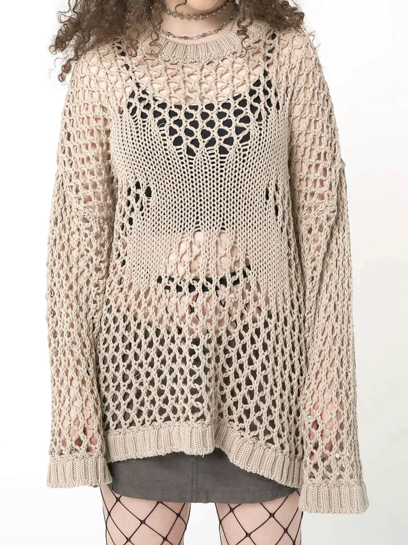 Crochet Knit Beach Cover Up Long Sleeve Top SSU-00045