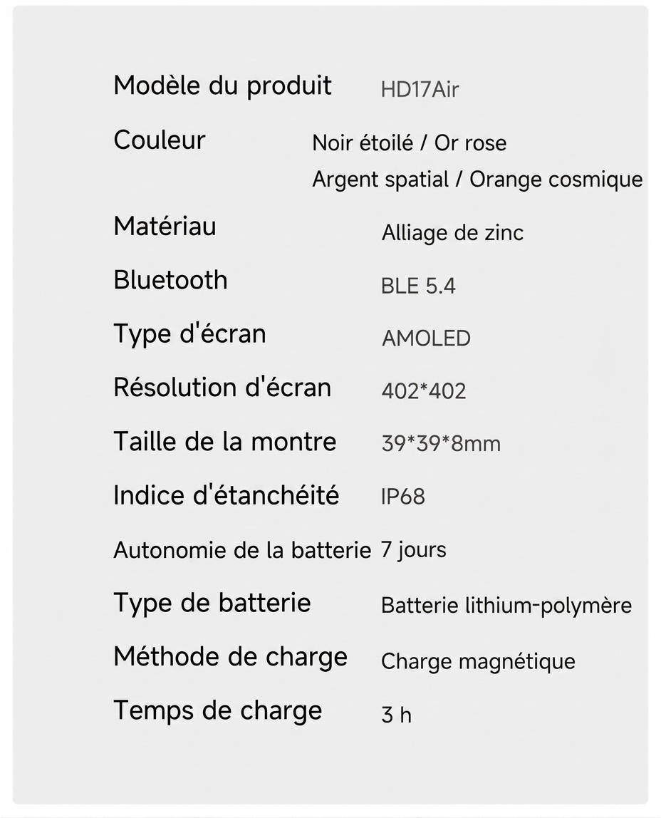 Montre connectée HD17 Air avec écran AMOLED carré et appels Bluetooth