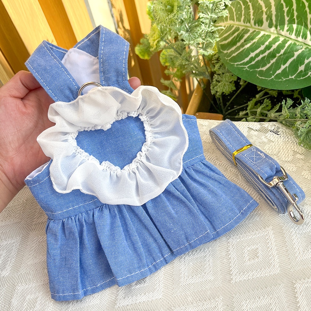 Ruffle Heart Denim Dog Harness Dress with Matching Leash