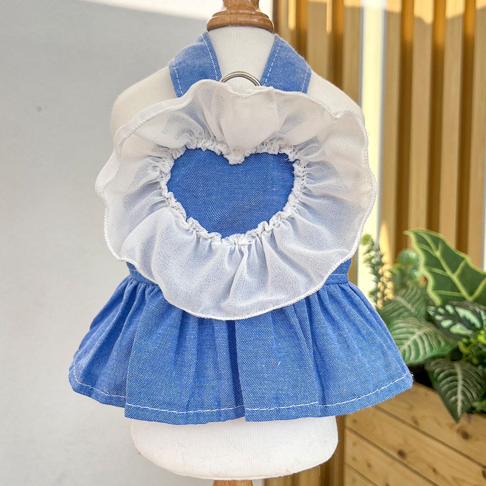 Ruffle Heart Denim Dog Harness Dress with Matching Leash