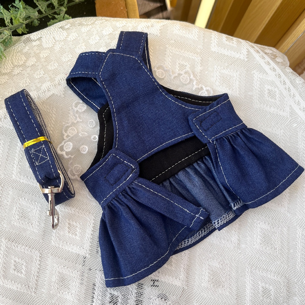 Ruffle Heart Denim Dog Harness Dress with Matching Leash