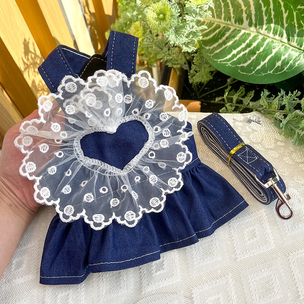 Ruffle Heart Denim Dog Harness Dress with Matching Leash