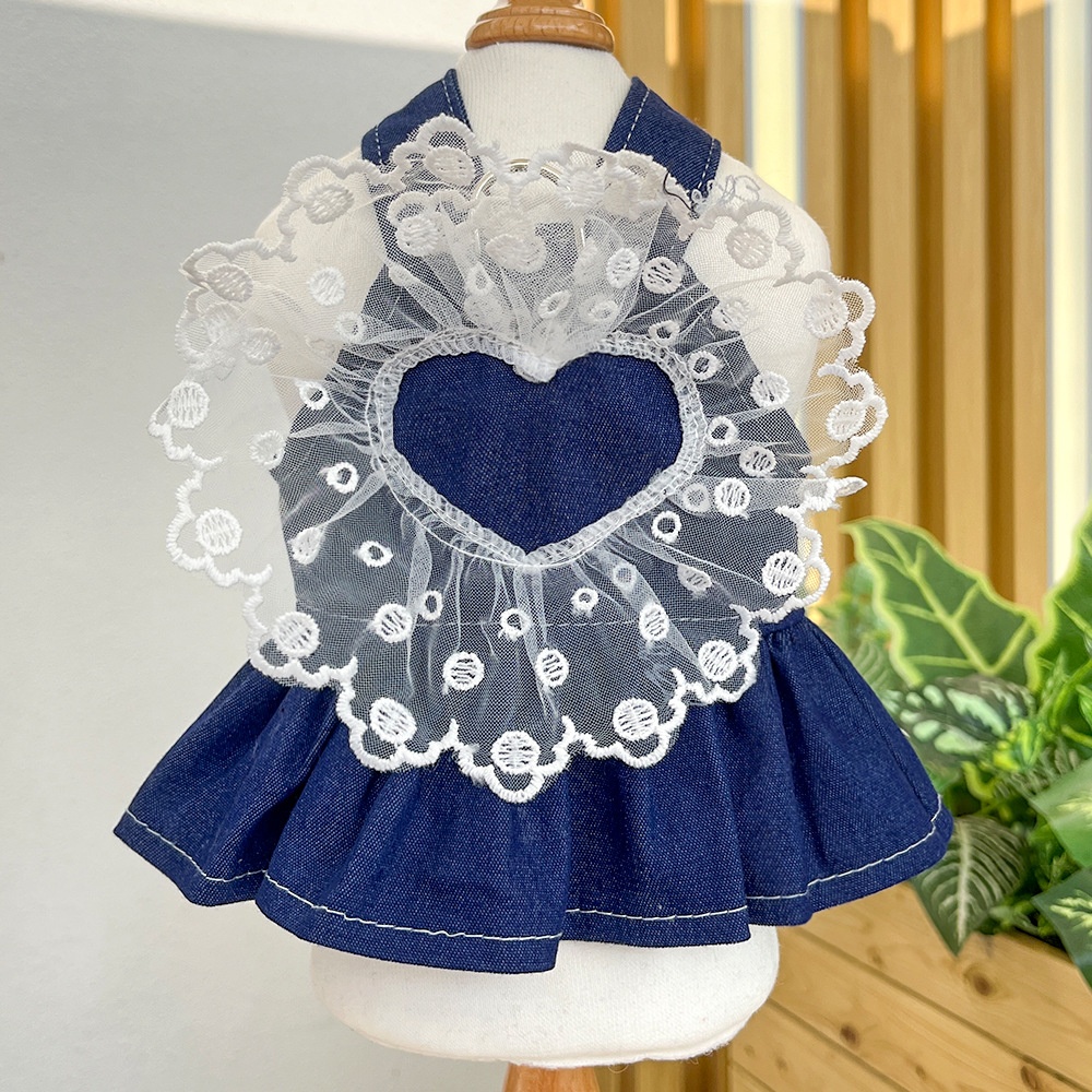 Ruffle Heart Denim Dog Harness Dress with Matching Leash