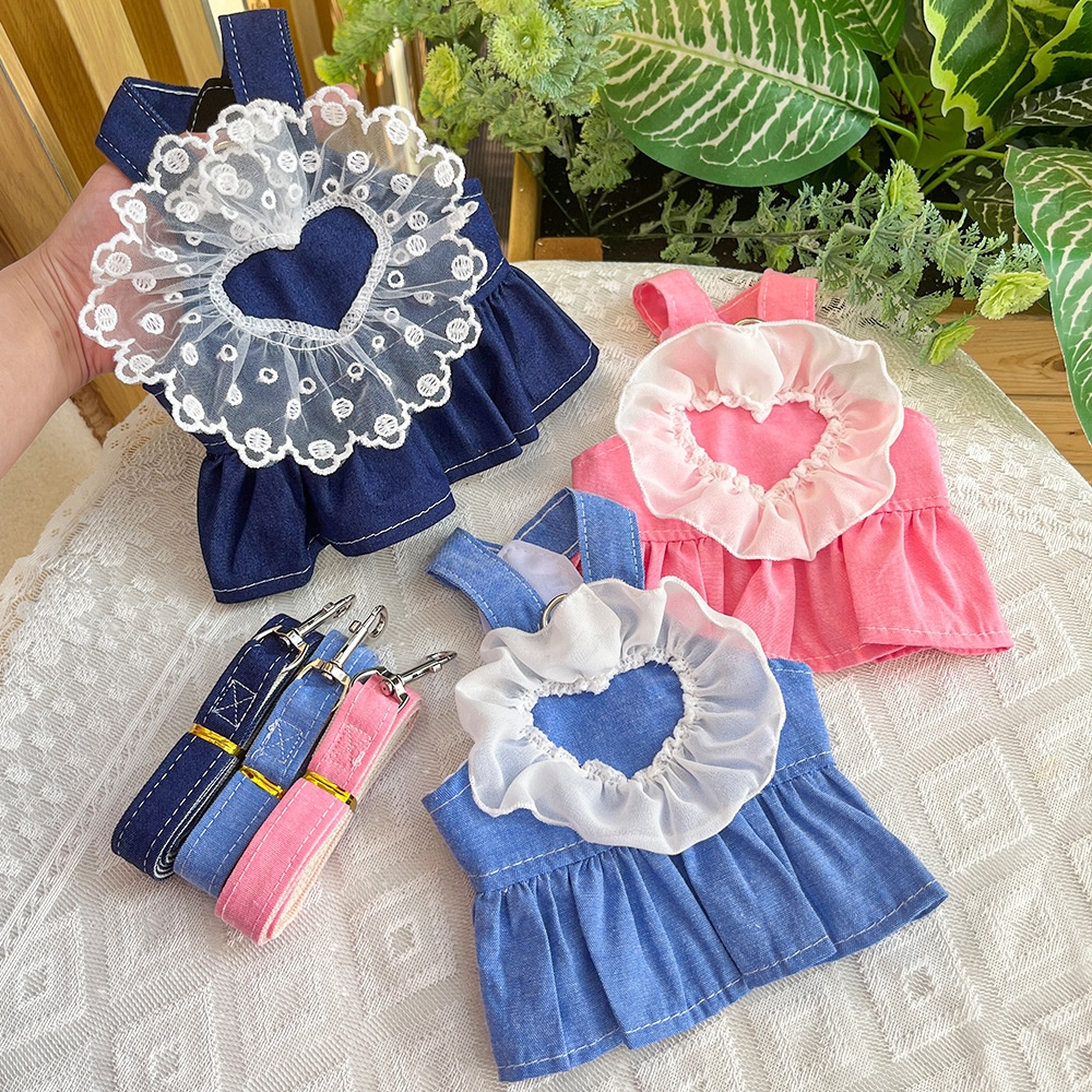 Ruffle Heart Denim Dog Harness Dress with Matching Leash