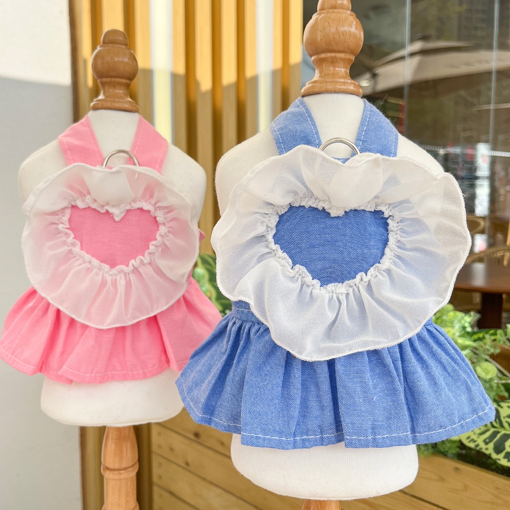 Ruffle Heart Denim Dog Harness Dress with Matching Leash