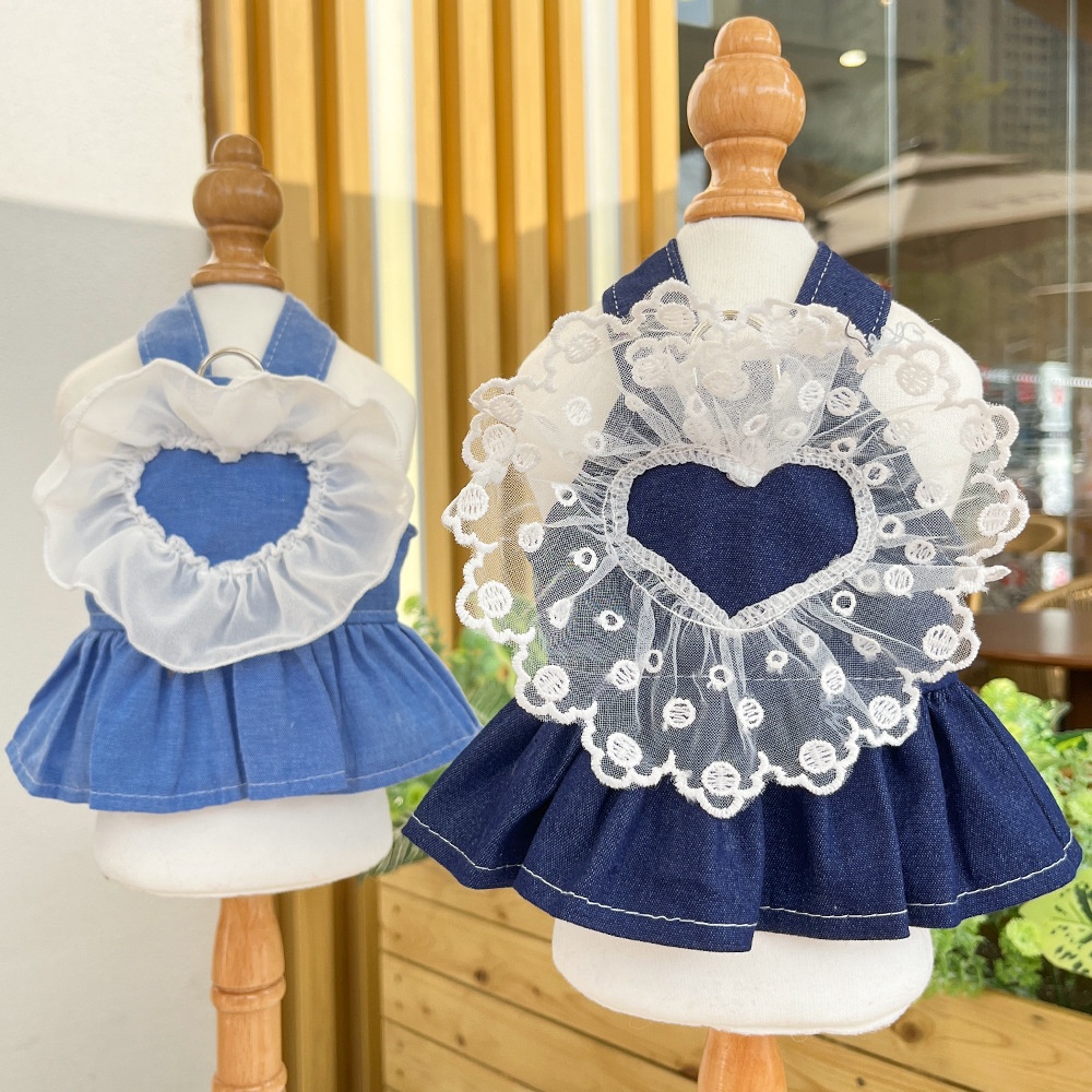 Ruffle Heart Denim Dog Harness Dress with Matching Leash