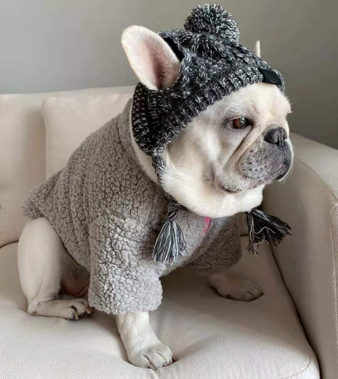 Winter Knit Dog Beanie Hat with Pom Pom and Tassels