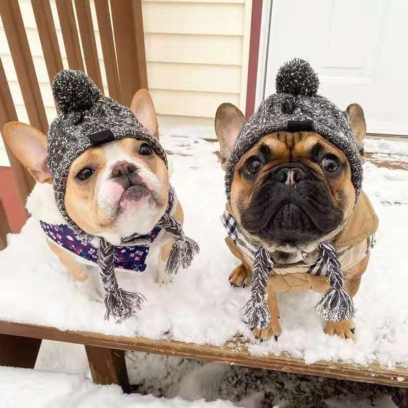 Winter Knit Dog Beanie Hat with Pom Pom and Tassels