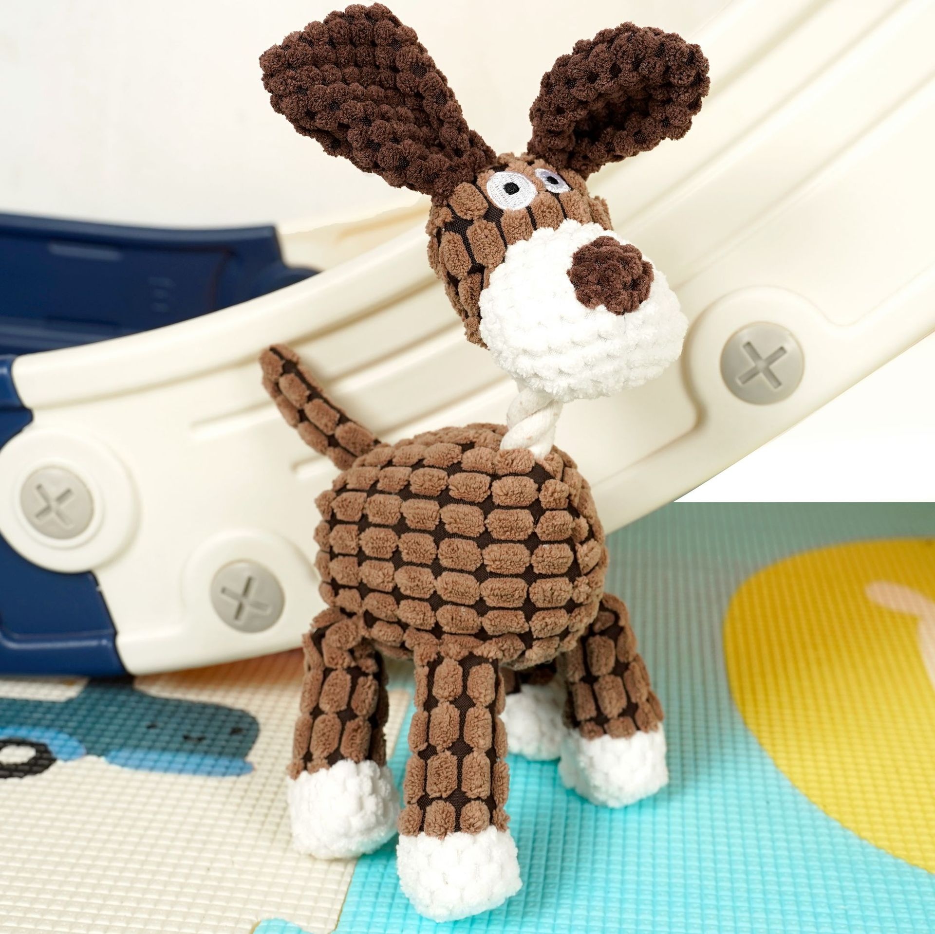 Textured Corduroy Plush Dog Toy with Squeaker and Rope Neck