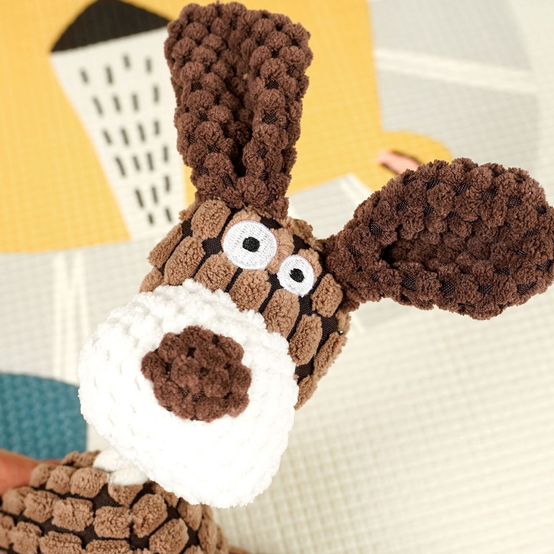 Textured Corduroy Plush Dog Toy with Squeaker and Rope Neck