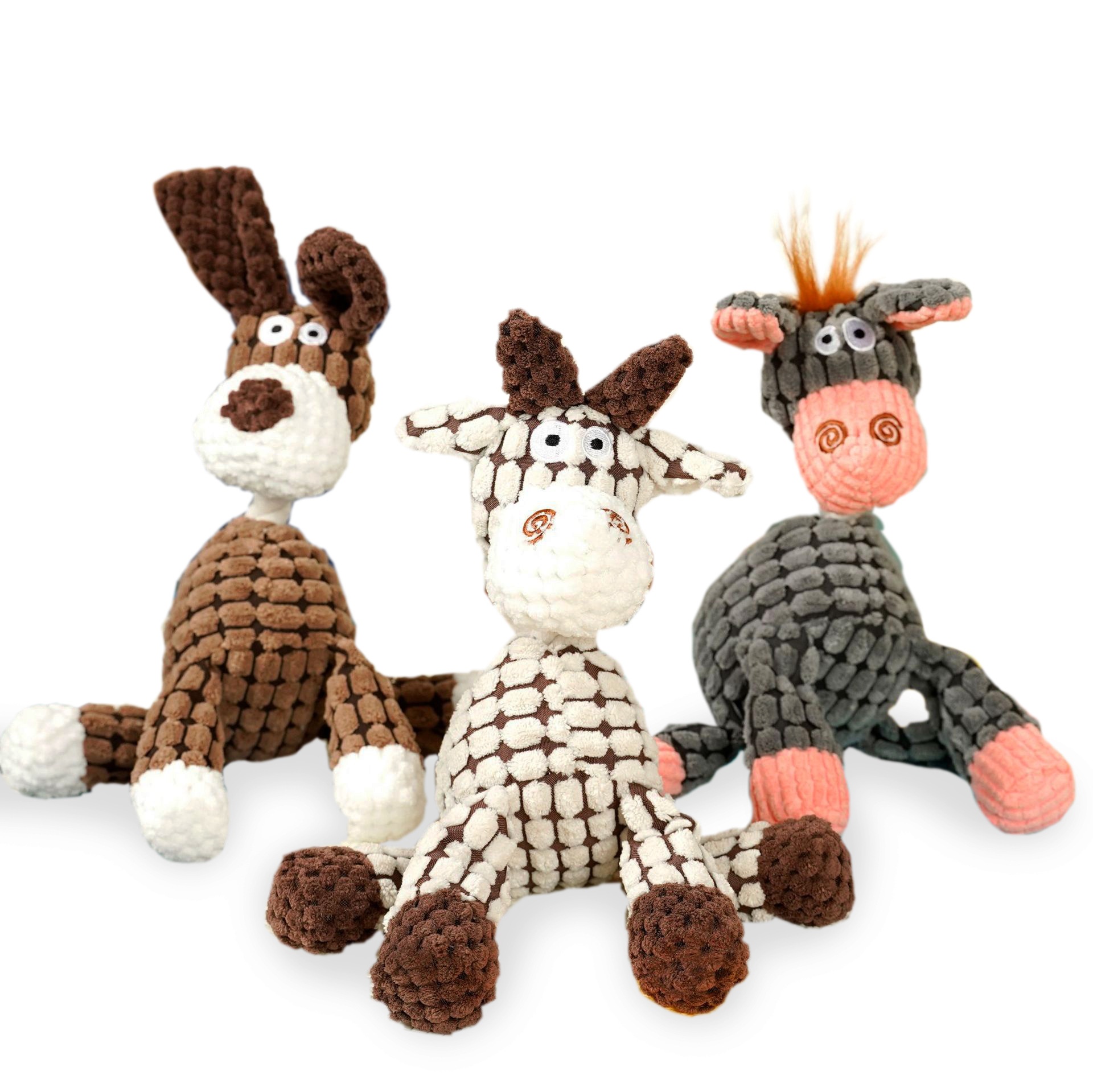 Textured Corduroy Plush Dog Toy with Squeaker and Rope Neck