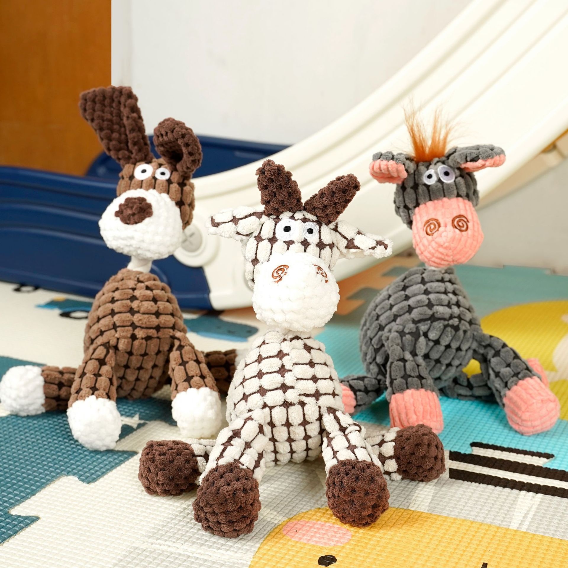 Textured Corduroy Plush Dog Toy with Squeaker and Rope Neck