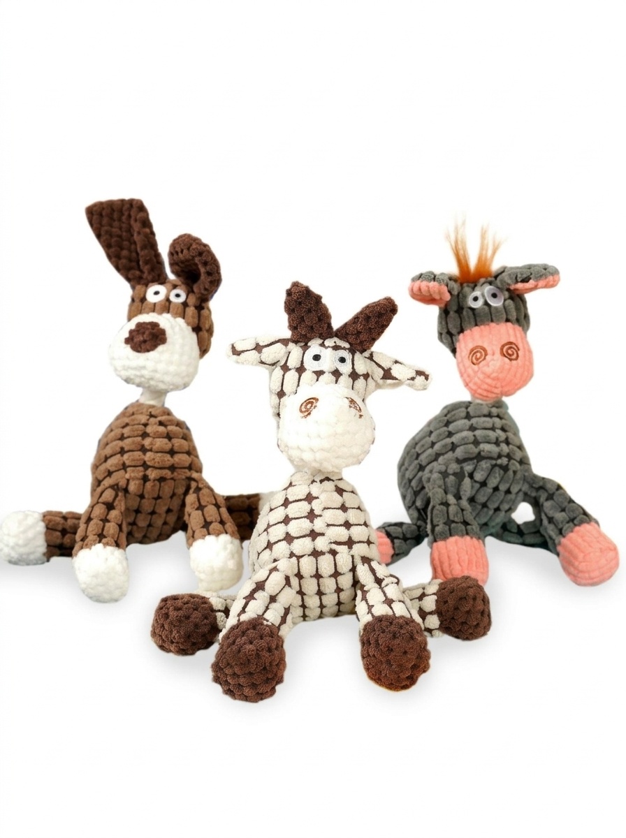 Textured Corduroy Plush Dog Toy with Squeaker and Rope Neck