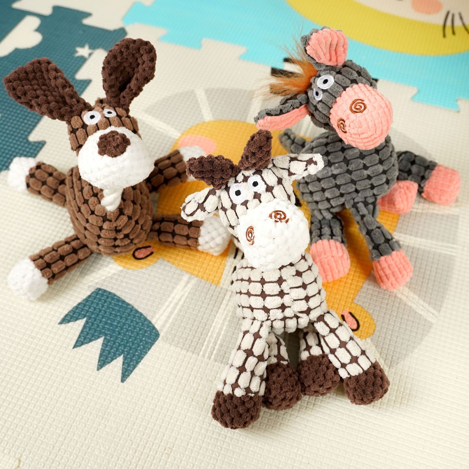 Textured Corduroy Plush Dog Toy with Squeaker and Rope Neck