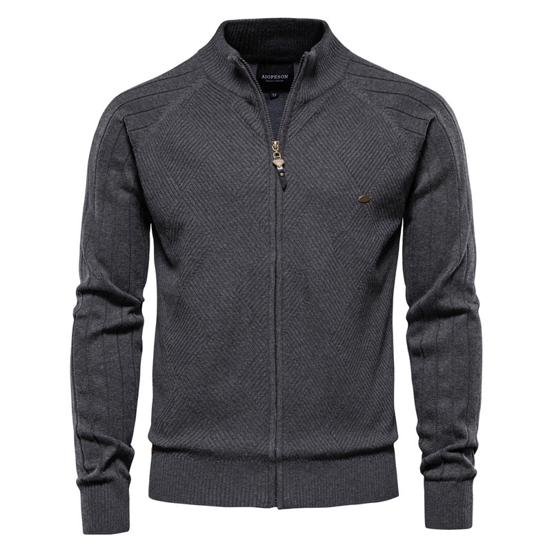 Men's Casual Autumn Cardigan with Lapel and High Neck Jacquard Knit