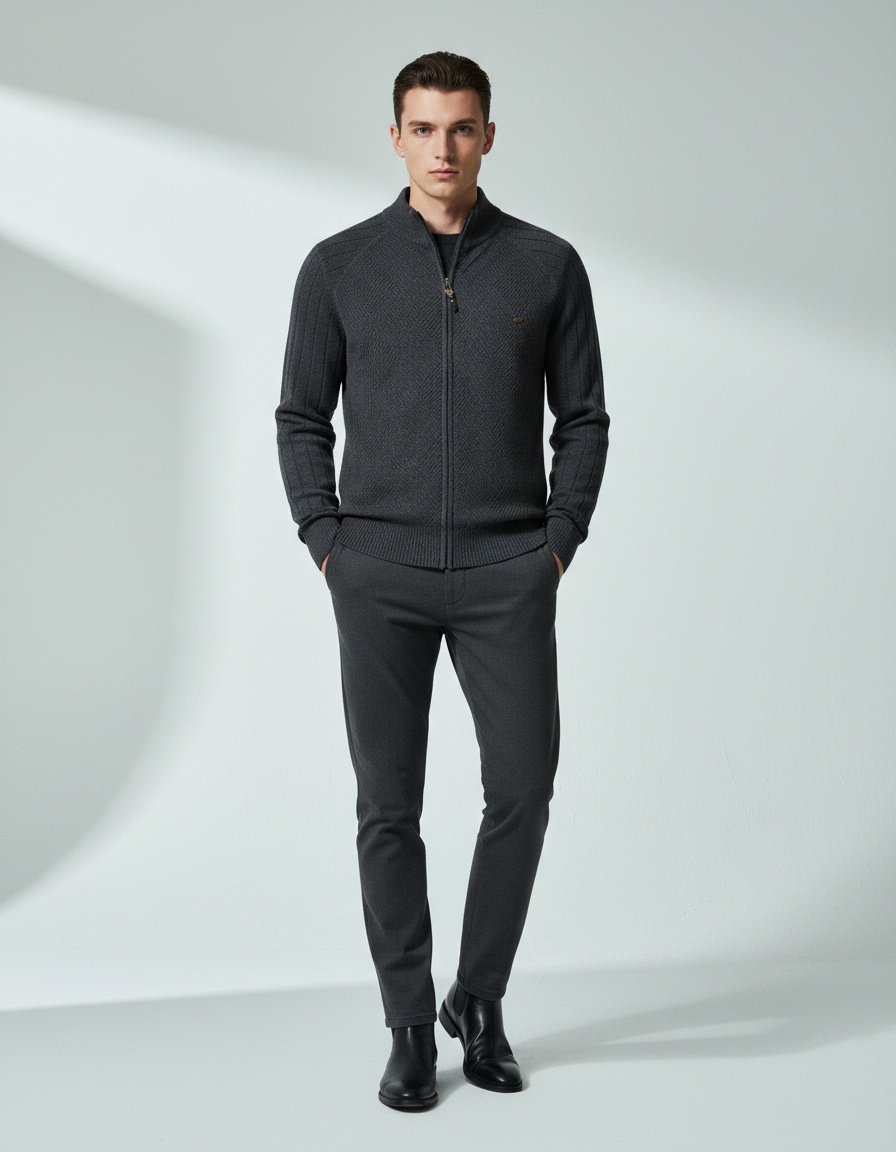 Men's Casual Autumn Cardigan with Lapel and High Neck Jacquard Knit