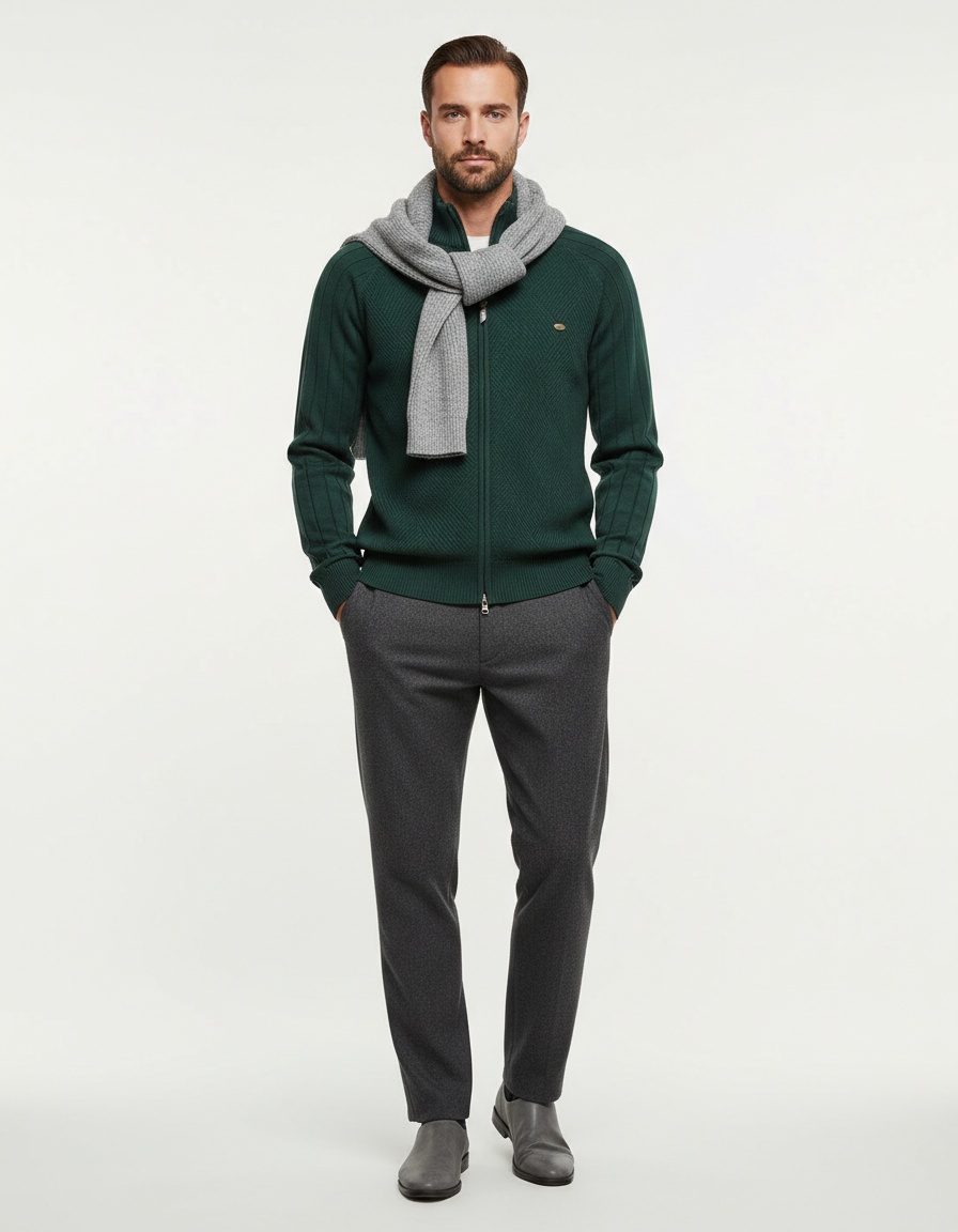 Men's Casual Autumn Cardigan with Lapel and High Neck Jacquard Knit