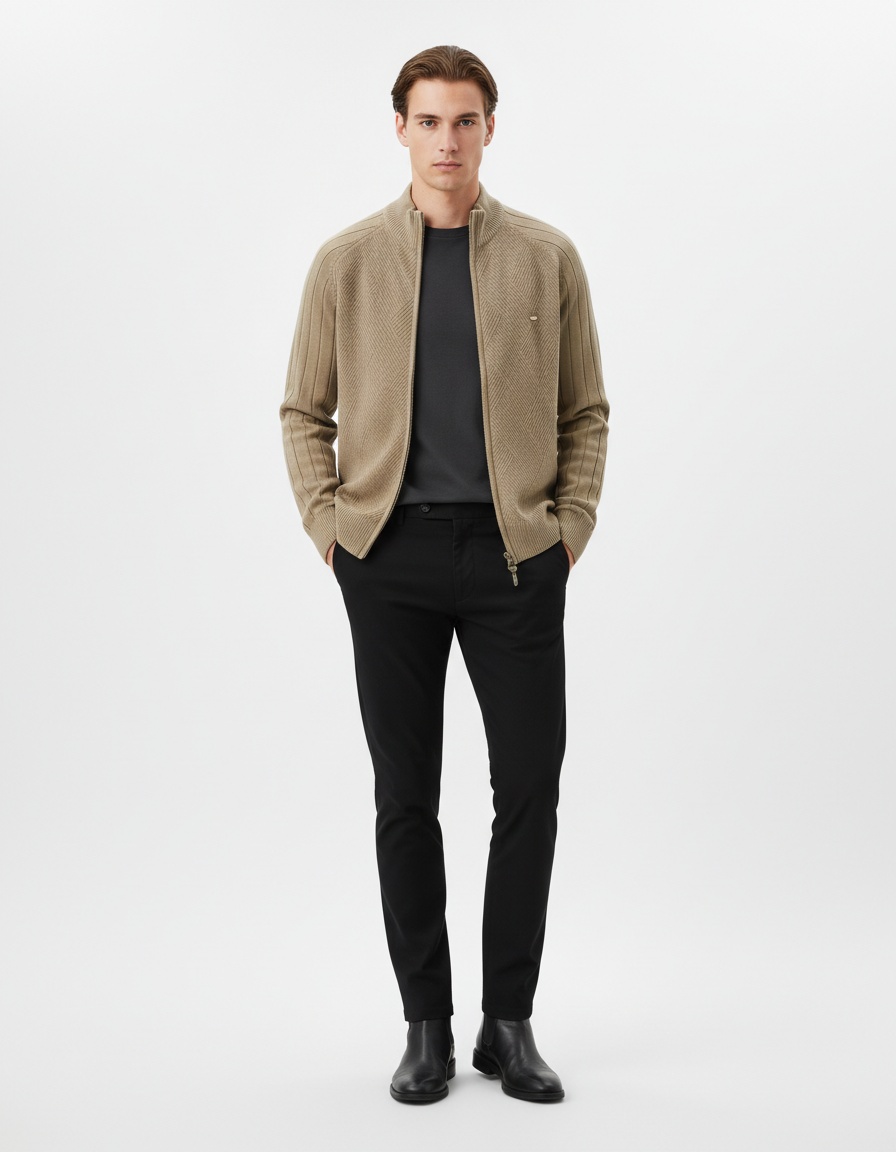 Men's Casual Autumn Cardigan with Lapel and High Neck Jacquard Knit